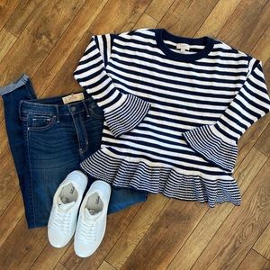 LOFT Long Sleeve Blue/White Striped Knit Sweater. Size Small.
